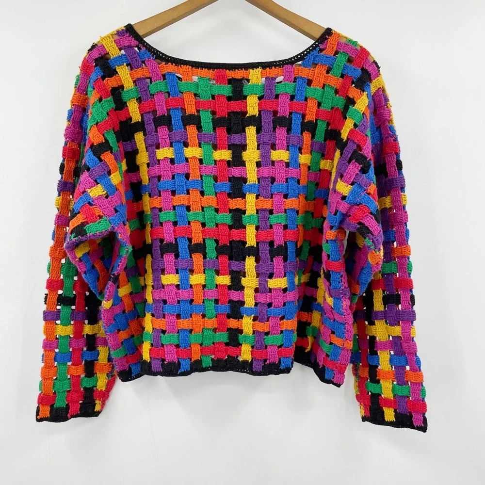 VTG my Rainbow Crochet Open Knit Cropped Sweater M L - Picture 5 of 7